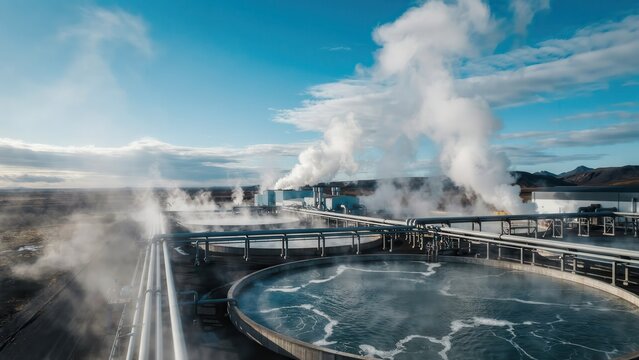Geothermal power plant in Iceland emitting steam from water cooling pools. Concept of sustainable renewable energy production for modern industrial and environmental campaigns.