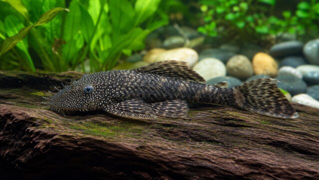 Freshwater tank algae eater &ndash; pleco resting on driftwood photo authentic detail authentic detail