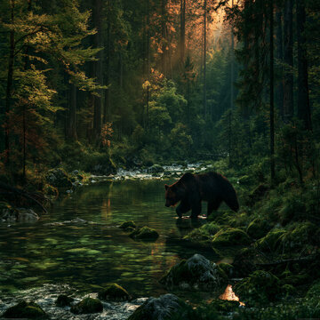 Bear by the River: A solitary bear walks along the edge of a clear river flowing through a dense, verdant forest. Sunlight filters through the canopy.