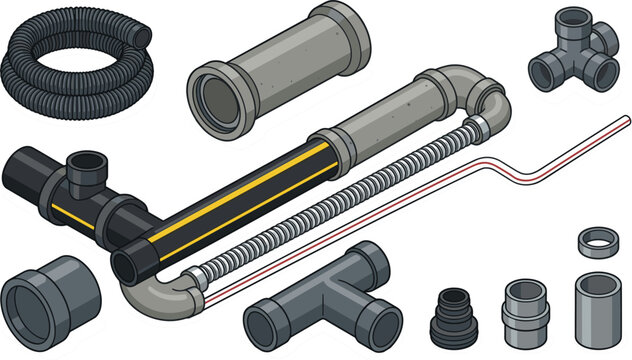 Isometric plumbing pipes vector set with PVC fittings plastic tubes corrugated hoses connectors and joint couplers vector illustration