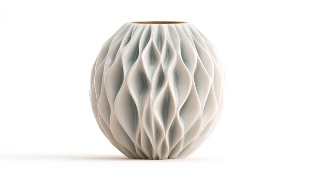 Modern Minimalist White Ceramic Vase With Wavy Textured Surface Isolated On A Clean White Background