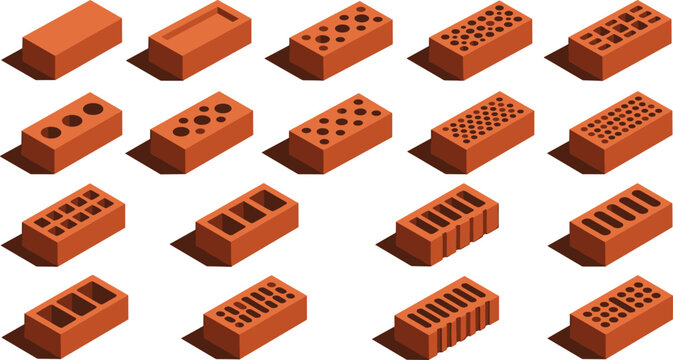 Isometric clay red brick vector icon set with different hole patterns blocks for building and house construction illustration
