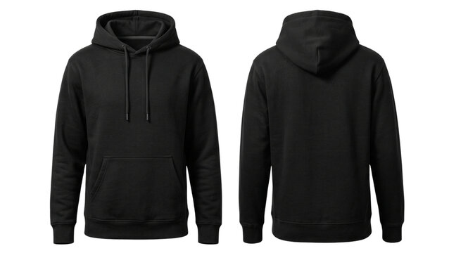 Plain black hoodie front and back view with drawstring and kangaroo pocket isolated on transparent background for professional apparel design branding mockups