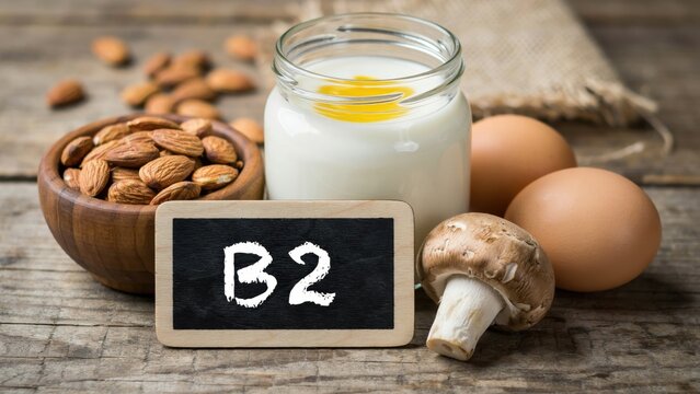 Natural foods rich in vitamin B2 including almonds, eggs, and dairy in a rustic setting. Perfect for nutritional health, diet, and wellness concepts.