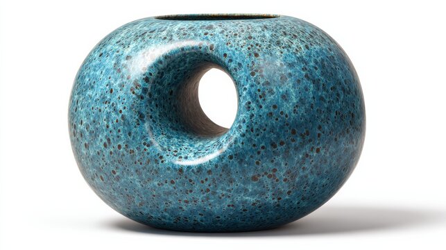 Modern Teal Blue Ceramic Vase With Speckled Texture And Central Opening Against White Background