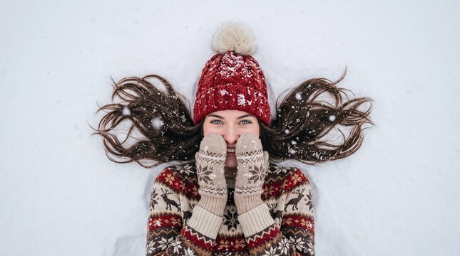 Smiling Woman in Winter Clothes Lying on Snow