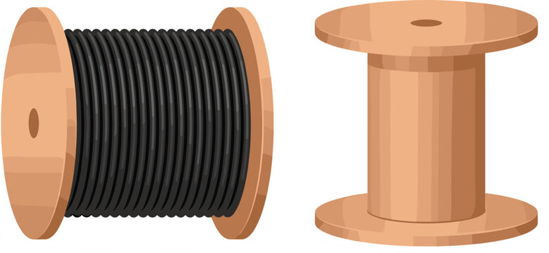Industrial wooden cable spool set with heavy black electrical wire coil and empty wooden reel vector illustration isolated