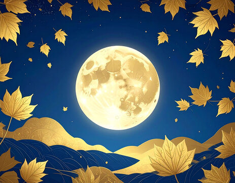 満月と金色の紅葉が舞う秋の夜空の背景素材　月見や中秋の名月に合わせた和風デザインの装飾イラスト　コピースペースがある秋のイベント用バナー背景　高級感のある金箔風の紅葉と青い夜景のグラフィック素材