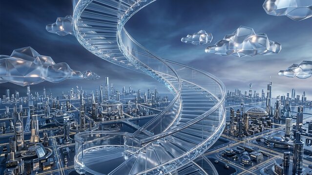 enormous transparent staircase floating above a miniature futuristic city