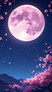夜空に輝く満月と満開の桜の風景　ピンク色の月と舞い散る花びらが美しい和風背景　お花見や春のイベント告知チラシに使えるコピースペース付きの縦型素材