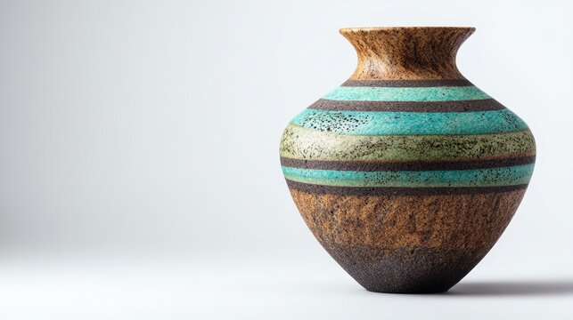 Rustic Ceramic Vase With Turquoise And Brown Stripes On A Minimalist Light Gray Studio Background