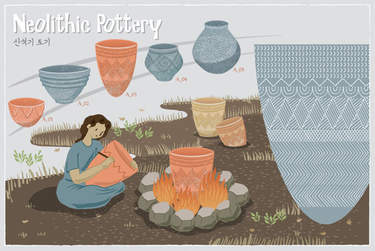 Korean Prehistoric Neolithic Pottery Vector Illustration Set