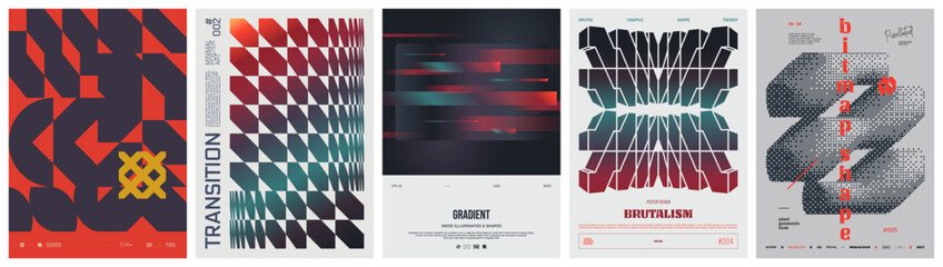 Set modernism art colorful trendy posters, abstract geometric A4 rave postmodern composition, artwork in minimalism and brutalism style, vector simple shapes print graphic in Y2K aesthetics set 41
