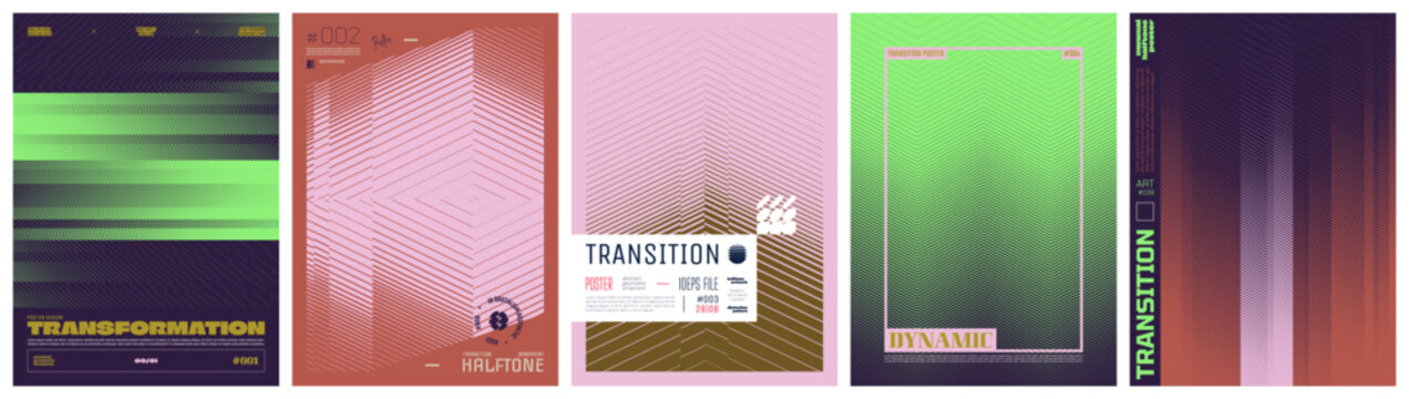 Abstract geometric vector swiss art bundle with sharp kinetic shift grid and brutalist halftone ornament, Geometric distortion patterns with linear gradient transition effect, Mix colorful poster 3