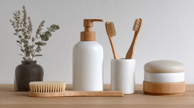 Sustainable Bathroom Essentials With Bamboo Toothbrushes And Liquid Soap In Minimalist Decor Setup