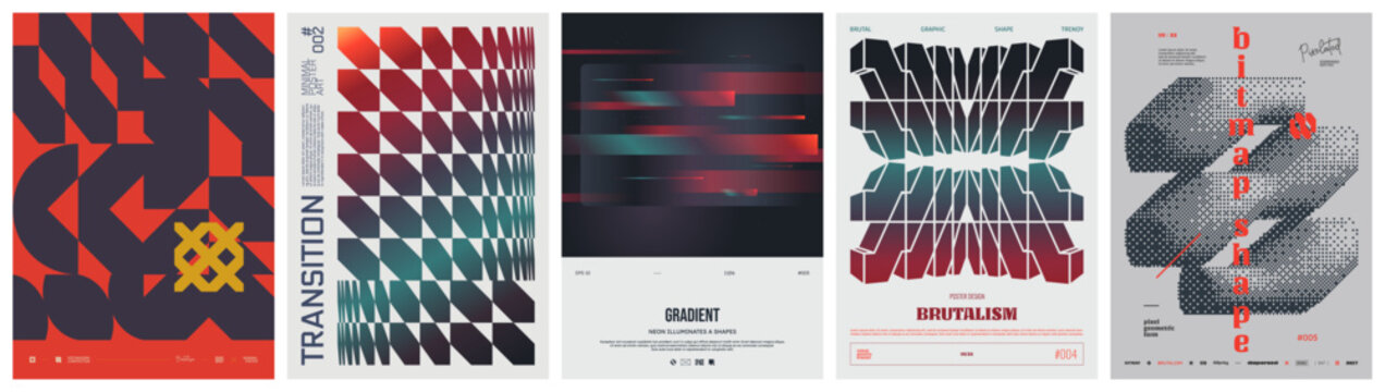 Set modernism art colorful trendy posters, abstract geometric A4 rave postmodern composition, artwork in minimalism and brutalism style, vector simple shapes print graphic in Y2K aesthetics set 41