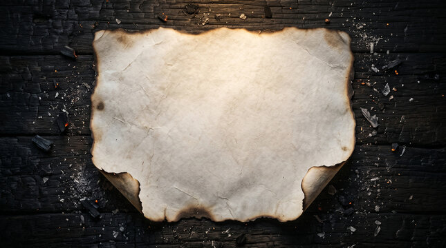 Blank burnt paper parchment with charred edges on dark rustic wooden background