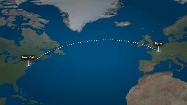 World Map Animation Showing Flight Route Transition From New York To Paris With Airplane Marker Pin And City Location Label On Terrain Background For Geography Travel Tourism Vacation Journey