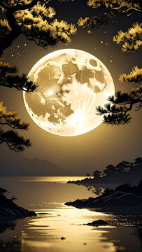 月夜に輝く松の木と水面に反射する満月の夜景　和風で幻想的な雰囲気を持つコピースペース付き背景素材　中秋の名月や日本の伝統行事の案内やWebバナーにも活用できる自然の風景デザイン