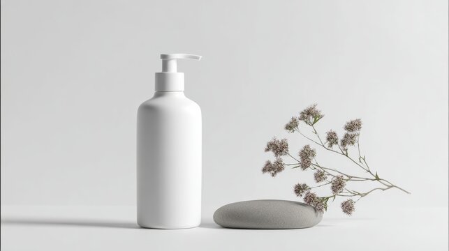 White Cosmetic Pump Bottle Mockup Beside A Textured Grey Stone And Small Dry Branch On White Surface