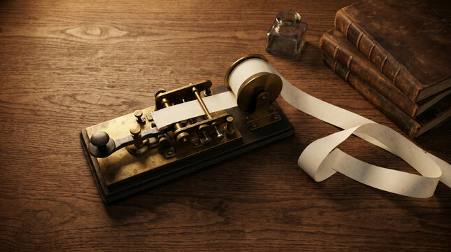 Vintage telegraph machine with paper tape on a rustic wooden desk with old books