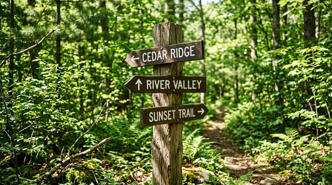 Wooden trail marker signs for Cedar Ridge, River Valley, Sunset Trail in a lush green forest.