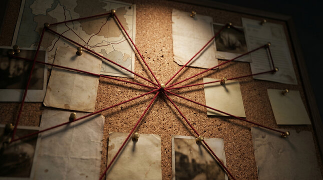 Detective investigation board with red string connecting clues and evidence on cork wall