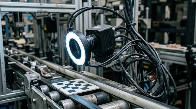 Automated visual inspection setup with industrial camera, ring light, conveyor rollers, calibration target, and sensor cables