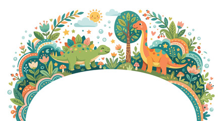 A cute, whimsical vector illustration featuring friendly dinosaurs surrounded by colorful plants, flowers, and a smiling sun in an arched frame. © Regina