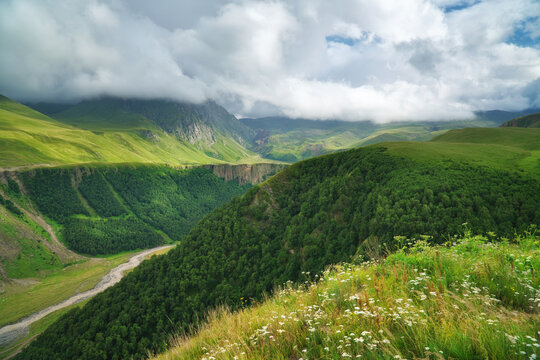Deep canyon with a river stretches between lush green forested slopes under a heavy cloudy sky. Pristine mountain landscape