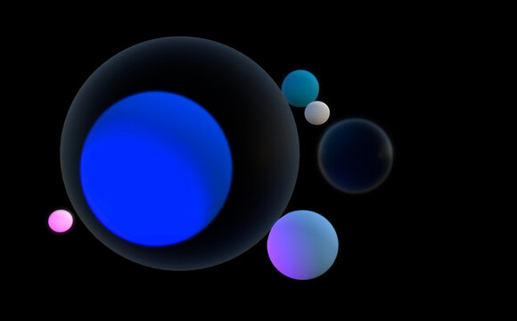 Abstract 3D render of colorful glowing spheres and transparent orbs on a black background