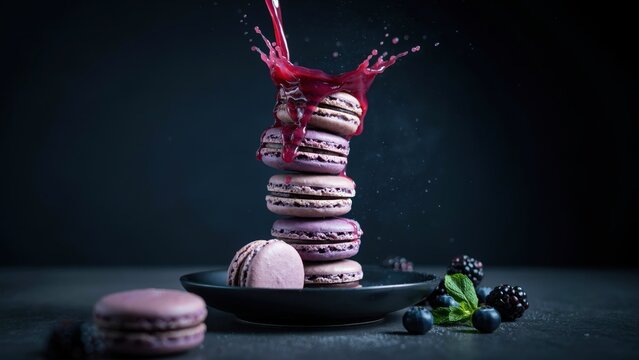 Purple macaron stack splashed with berry sauce against a dark background. Elegant food photography for dessert advertisements and culinary blog content.