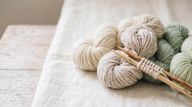 Handmade natural wool yarn with knitting needles for crafting