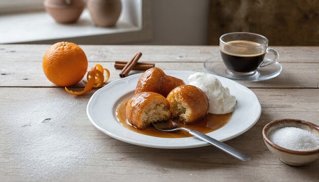 Traditional rum baba cakes with syrup and raw ingredients