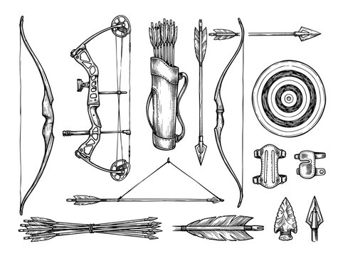 Archery equipment set with wooden longbow, compound bow, arrow, and target, ink sketch on white background