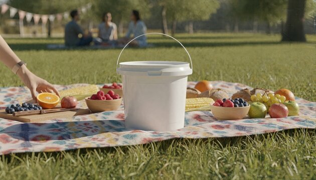 Vibrant garden picnic scene featuring a white dessert tub with a clean label