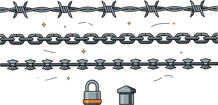 Barbed Wire Metal Chain and Razor Wire Seamless Border Element Set with Lock for Security Graphic Design