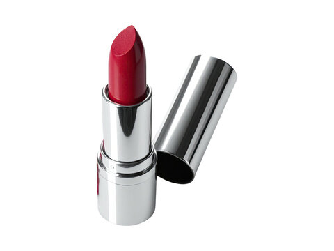 Classic Red Lipstick in Chrome Silver Case Isolated on Black Background 