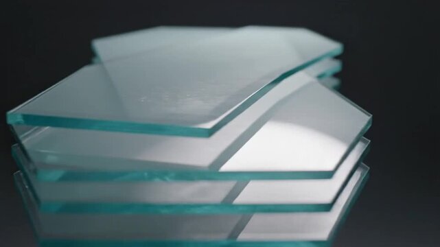 Stacked Transparent Glass Sheets Rotating on Dark Background