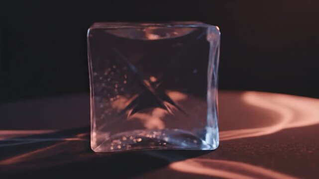 Rotating faceted crystal glass cube reflecting light on dark background