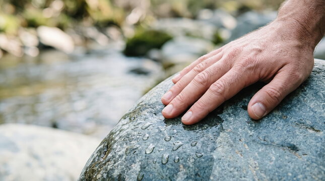 Close-up of a hand resting on a cool stone surface