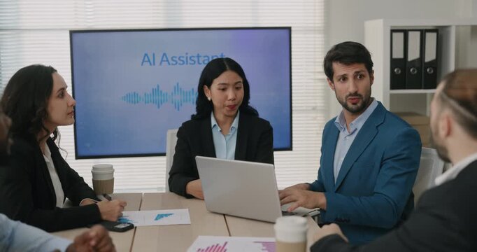 Portrait of multiracial business team plans to integrate AI assistant in workflow in boardroom. Diverse marketing specialists analyze chat bots in office