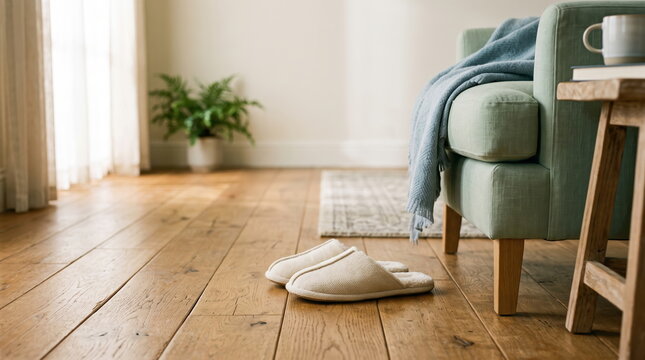 Cozy pair of soft fabric slippers on a warm wooden floor