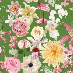 Seamless pattern with garden roses and exotic flowers on green background. Romantic design for cosmetics, perfume, greeting card, wedding invitation. Best for fabric or wrapping paper. © Iuliia