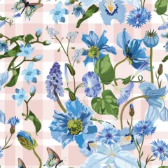 Floral seamless pattern with summer and spring blue flowers. Vector botanical illustration. Pink checkered background. © Iuliia