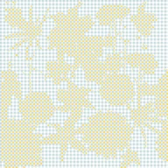 Seamless delicate pattern with  tropical line silhouette flowers and leaves. Bright flawers illustration. Blue checkered background. © Iuliia