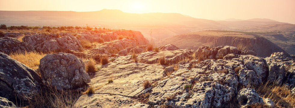 Rocky landscape in northern Israel. Arbel cliff on Mount Nitai (Har Nitai). Galilee, Israel