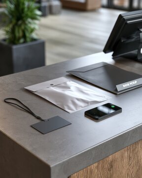 Blank event badge with lanyard and privacy-safe envelope on registration counter