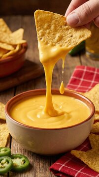 Golden corn chips dipping into creamy warm cheese dip, perfect for snacks and entertaining, bright and appetizing food photography, indulgent comfort food moment