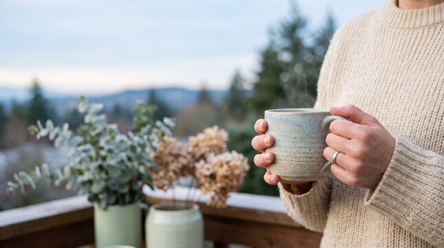 Person holding a warm mug outdoors in a cozy setting